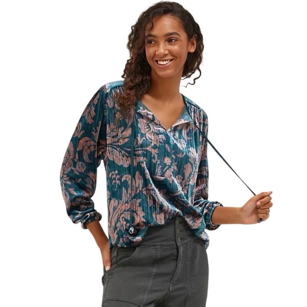 ANTHROPOLOGIE Women’s Boho Faustine Floral Velvet Peasant Top